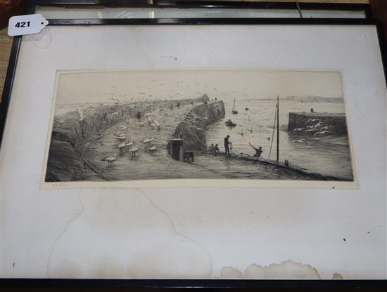 William Lionel Wyllie, three etchings, Leith and North Shields & another, signed in pencil, 16 x 38cm